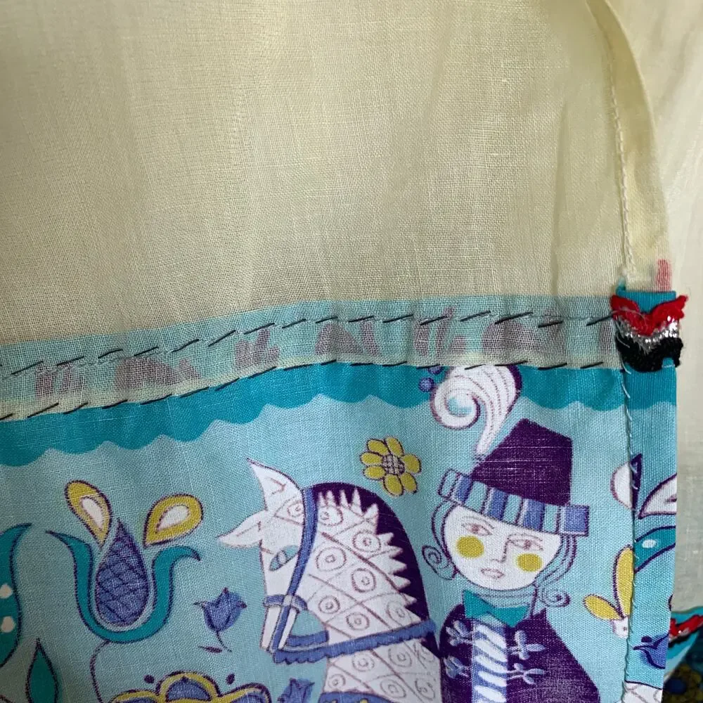 Vintage 60s Sheer Yellow Half Apron Folk Art Scandinavian Blue Hem OSFM